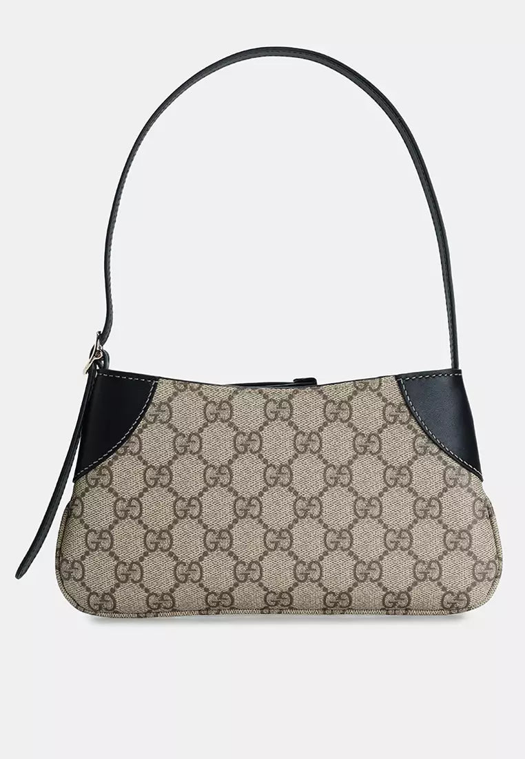 GUCCI GG Emblem Small Beige And Dark Brown Fabric Shoulder Bag