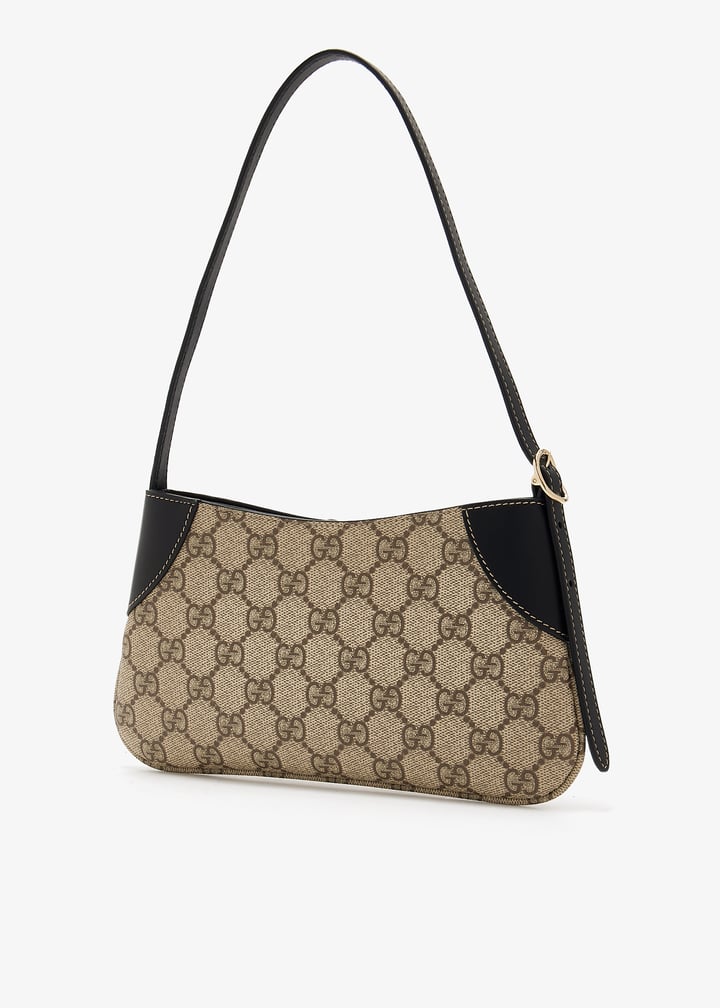 GUCCI GG Emblem Small Beige And Dark Brown Fabric Shoulder Bag