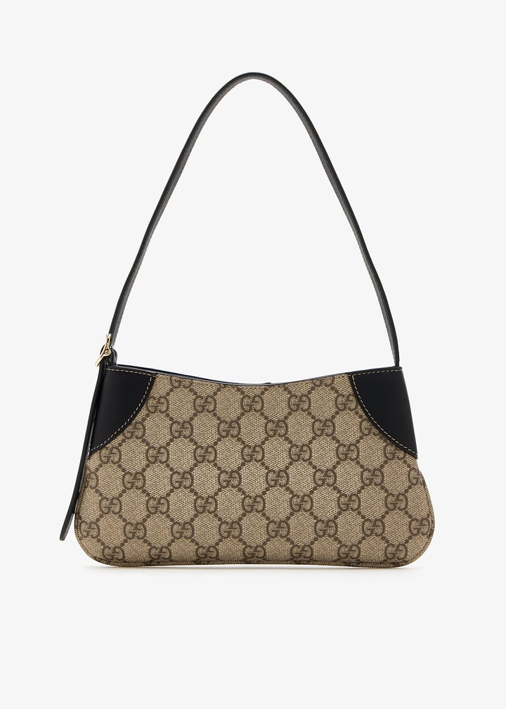 GUCCI GG Emblem Small Beige And Dark Brown Fabric Shoulder Bag
