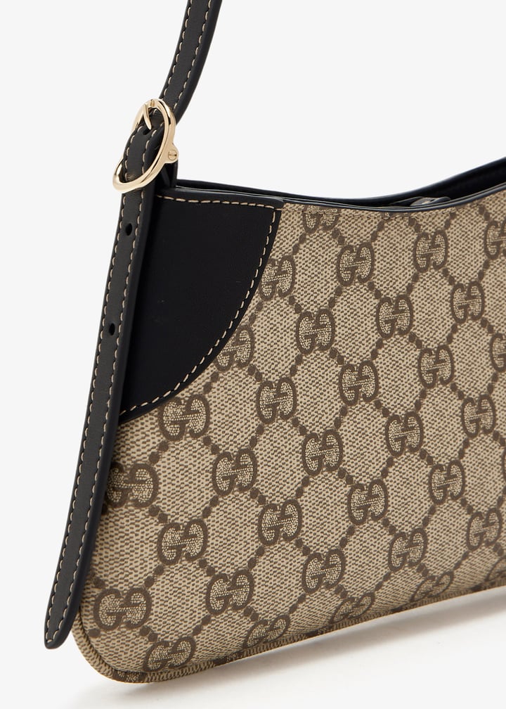 GUCCI GG Emblem Small Beige And Dark Brown Fabric Shoulder Bag