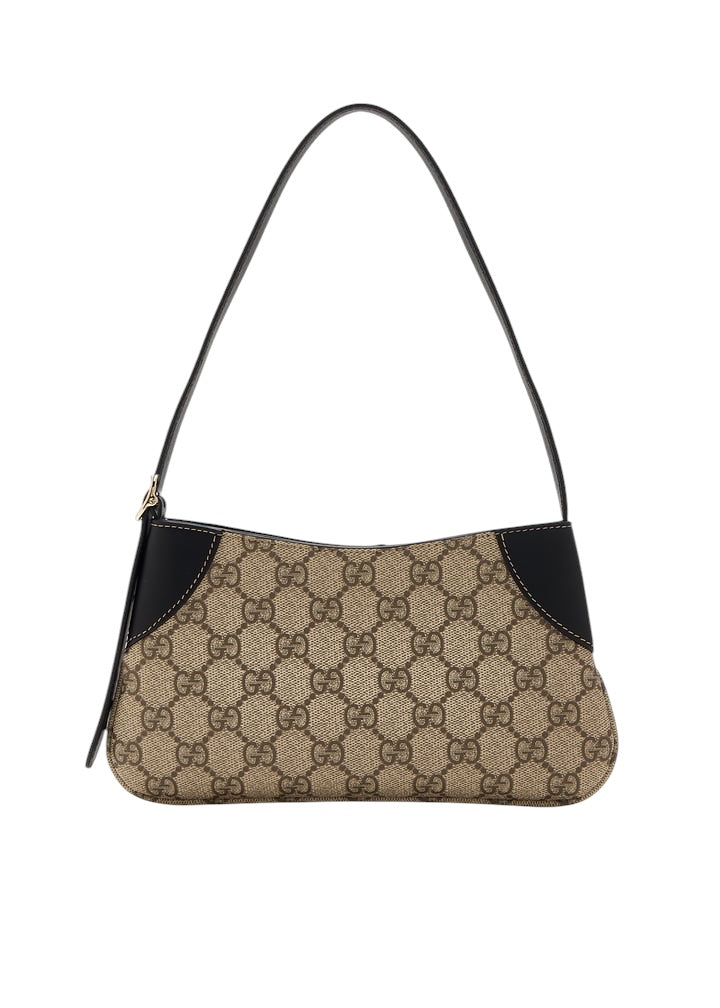 GUCCI GG Emblem Small Beige And Dark Brown Fabric Shoulder Bag