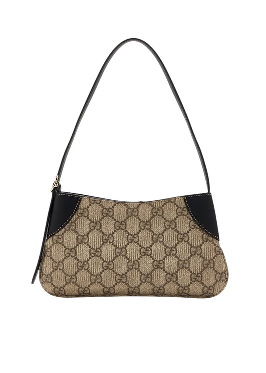 GUCCI GG Emblem Small Beige And Dark Brown Fabric Shoulder Bag
