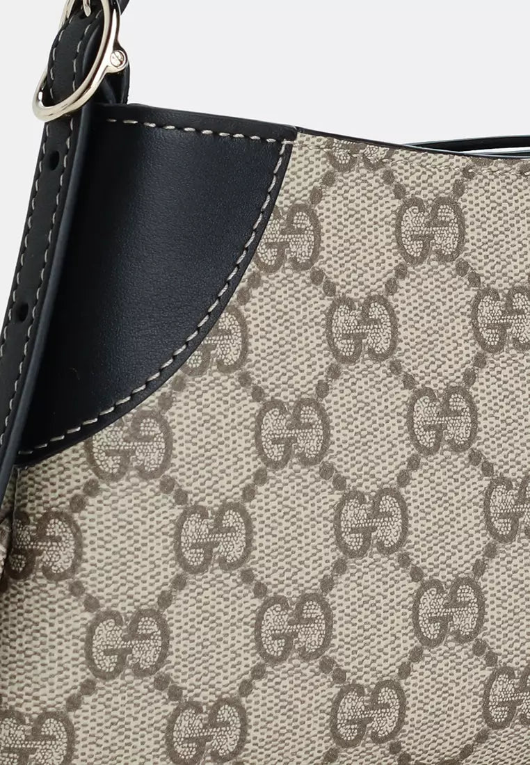 GUCCI GG Emblem Small Beige And Dark Brown Fabric Shoulder Bag