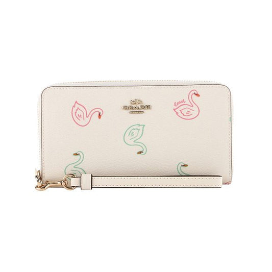 Coach Long Zip Around Wallet With Swan Print - White