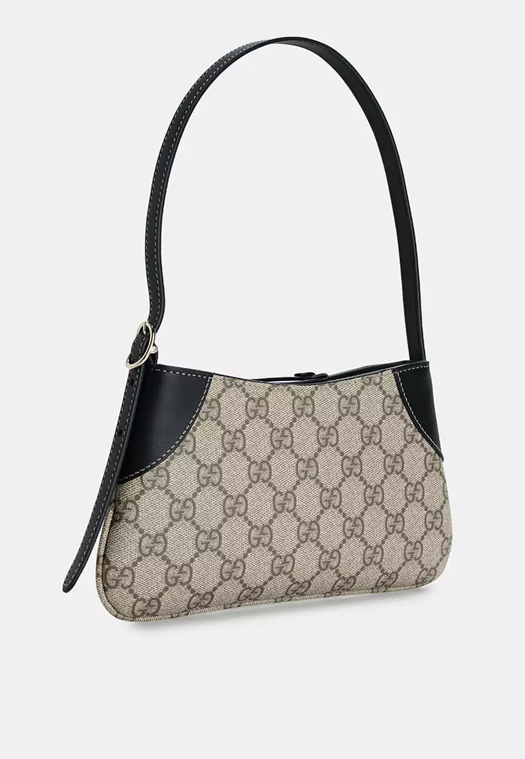 GUCCI GG Emblem Small Beige And Dark Brown Fabric Shoulder Bag