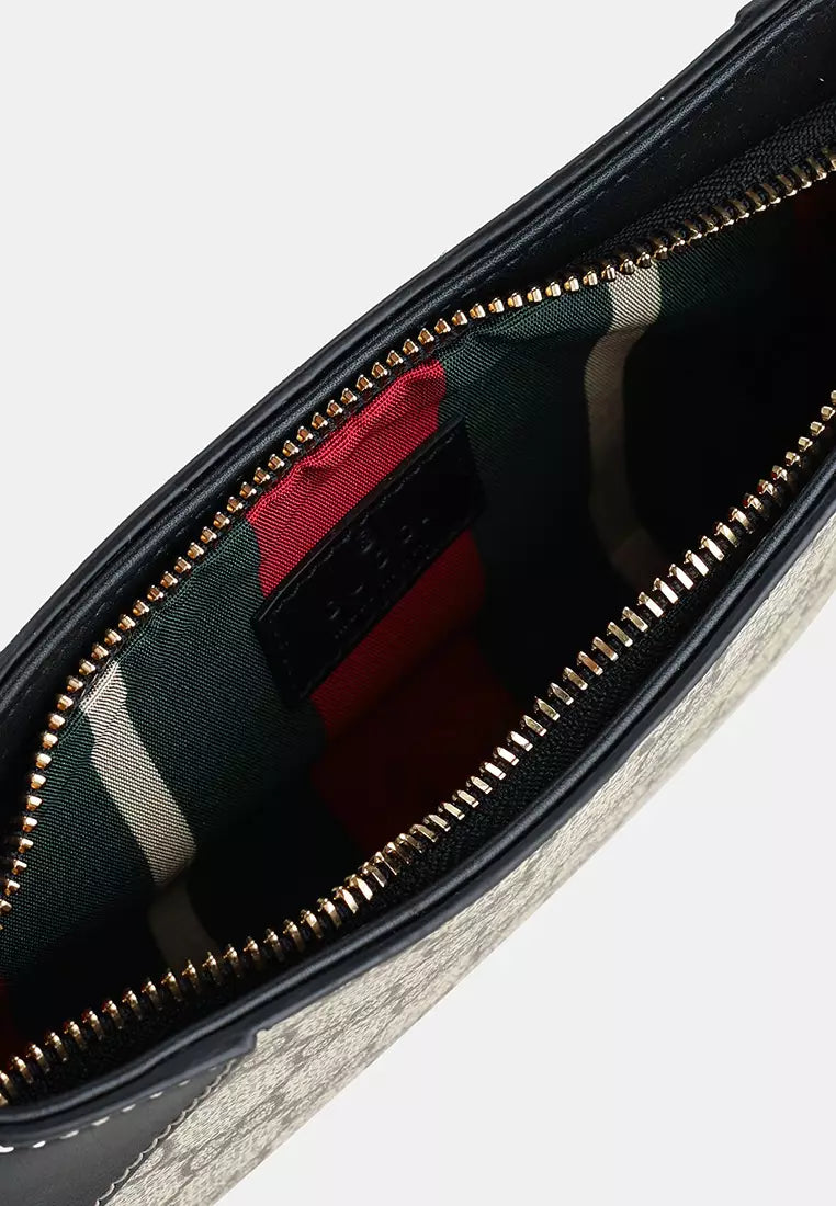 GUCCI GG Emblem Small Beige And Dark Brown Fabric Shoulder Bag