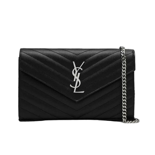 SAINT LAURENT YSL Matelasse Chain Wallet In Grain De Poudre Embossed Leather  WOC
