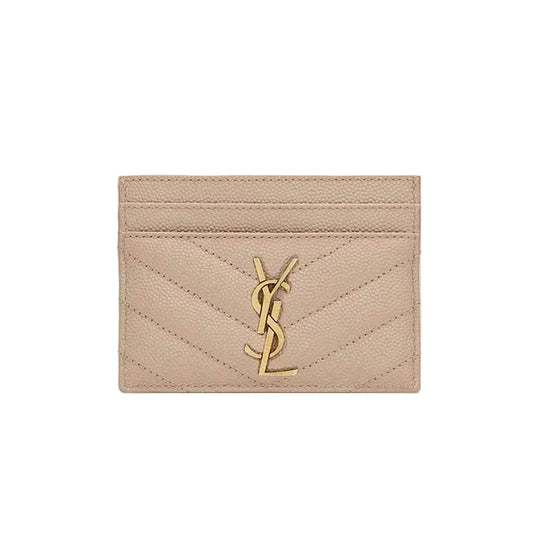 SAINT LAURENT YSL Cassandre Matelasse Card Case In Grain De Poudre Embossed Leather Dark Beige 423291